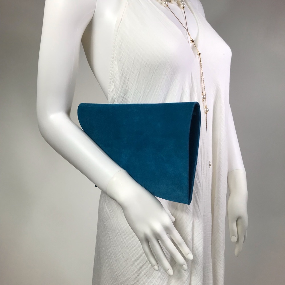 Teal Suede Clutch Bag w/ Silver Hardware